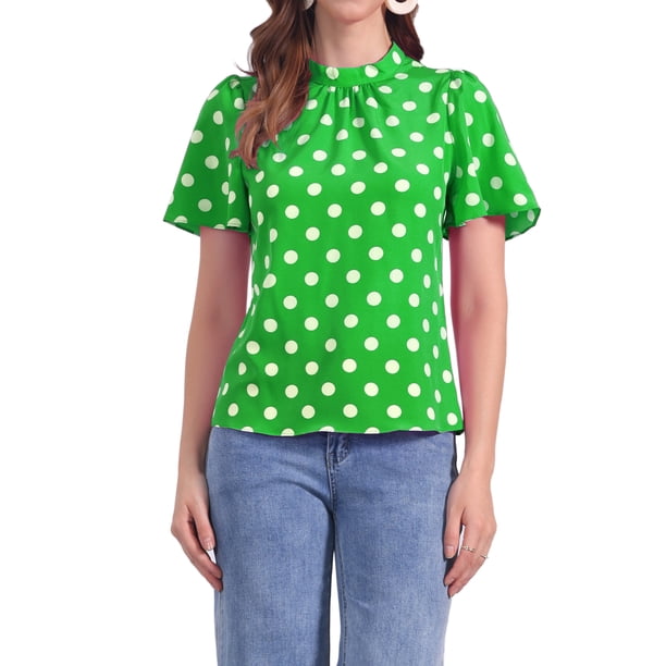 INSPIRAR CHIC Blusa de Manga Corta con Cuello de Pie y Abertura en la Espalda con Lunares para Mujeres XL Verde