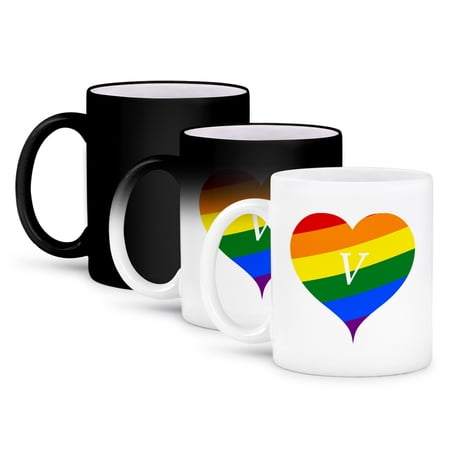 3drose, Image of Initial V on Gay Pride Colored Heart, 11oz Magic Transforming Mug