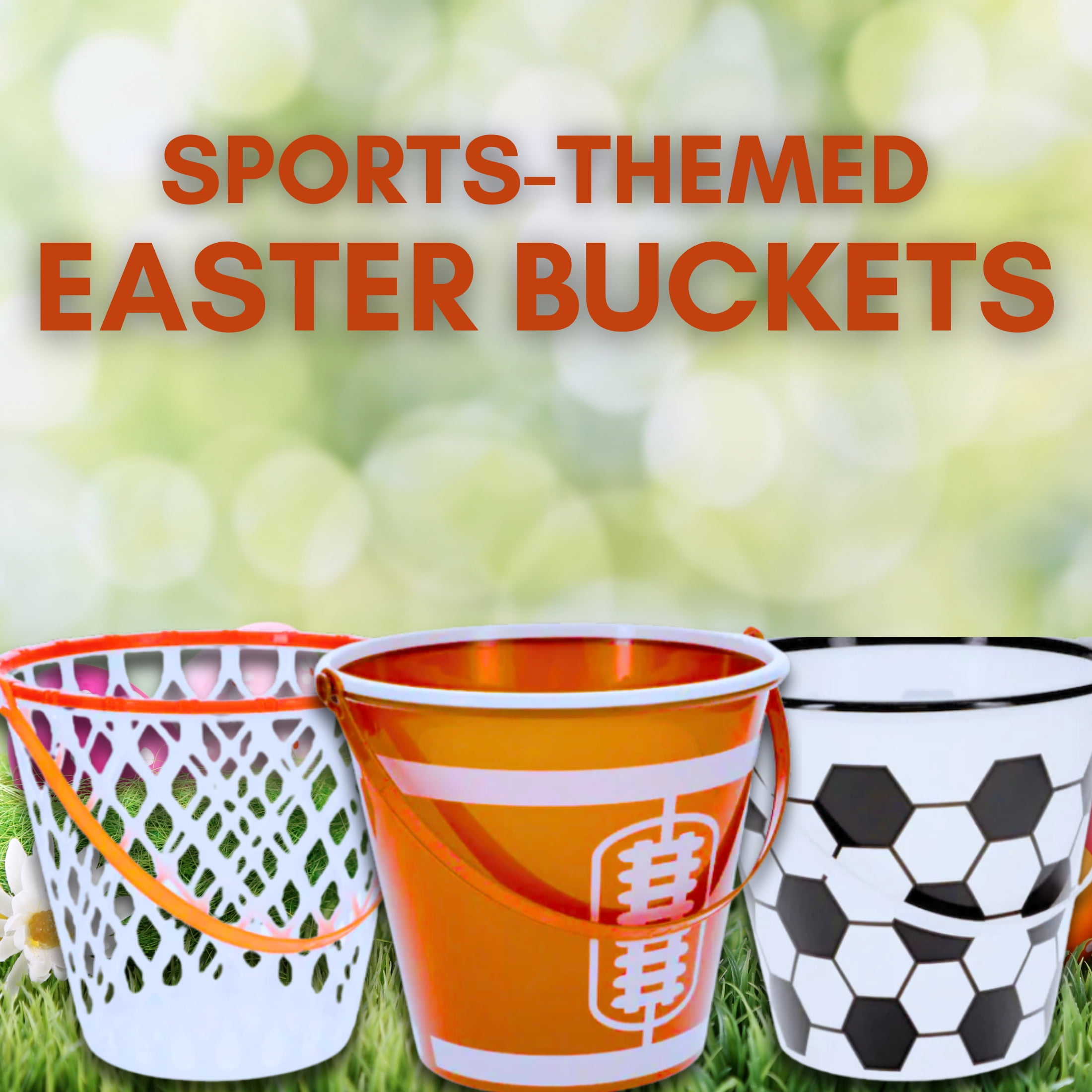 (3) Sports Themed Easter Buckets with Handle, 7-Inch Plastic Basketball Football Soccer Designs Reusable Baskets for Egg Hunts Party Favors Gift Picnic Basket Home Office Organizer