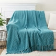 thumbnail image 4 of Teal Throw Blanket,Knit Woven Turquoise Blankets,Thick Green Blanket with Tassels,50"x60", 4 of 9