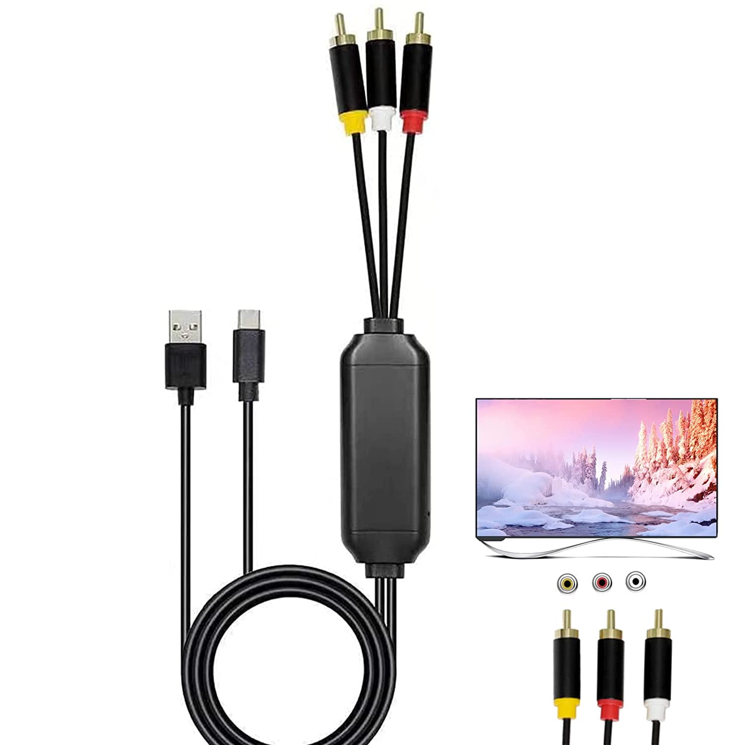 USB C to RCA Cable Adapter, 6Ft TypeC to RCA Cable with USB A(Charging),USB C Male to 3 RCA