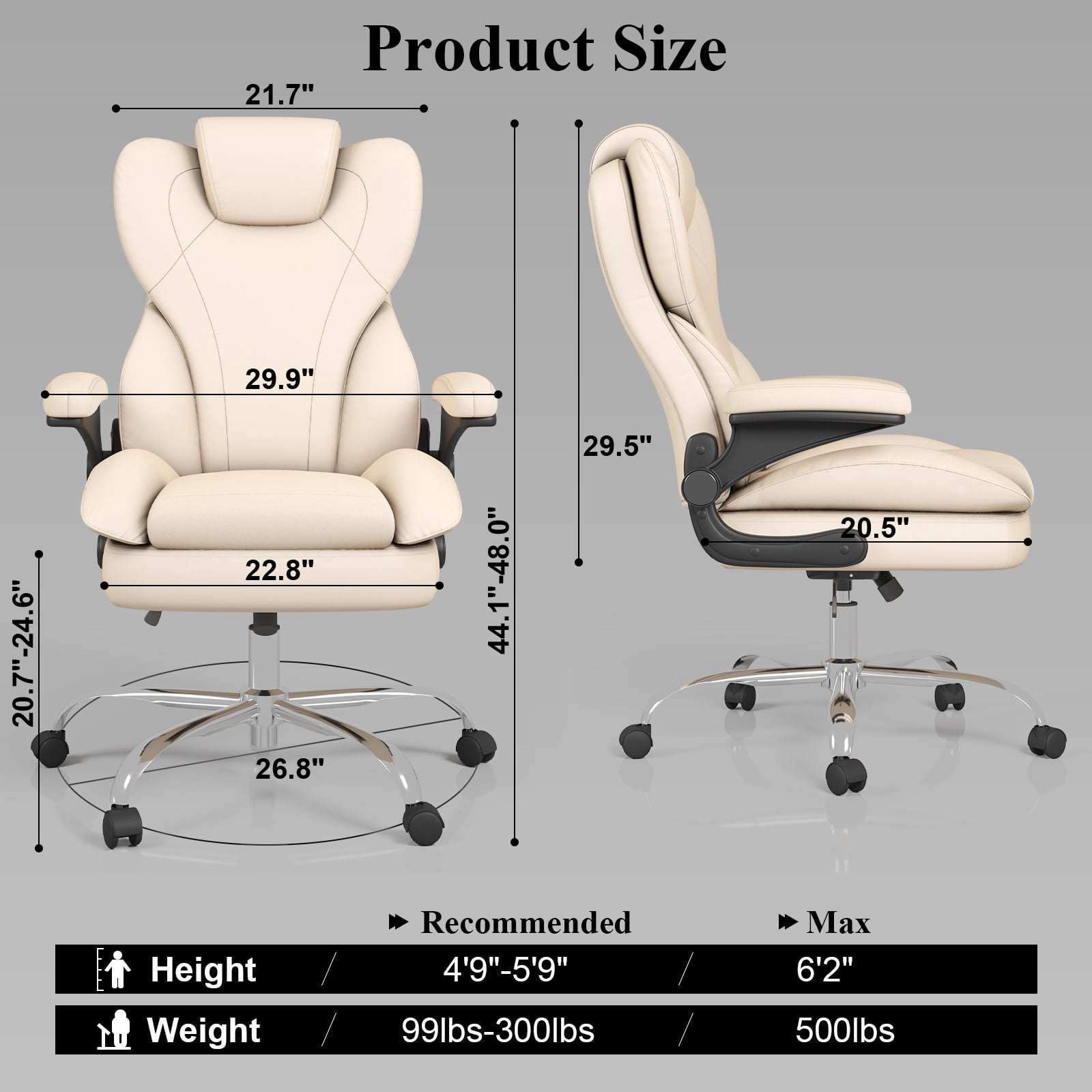 E-motie Home Office Chair with Flip-up Arms, Adjustable High Back Chair, Quiet Nylon Wheels, Beige