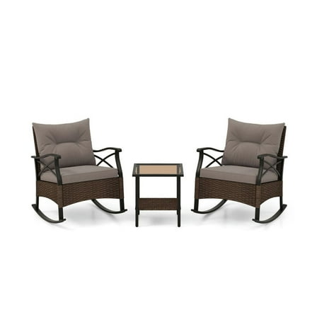 Demifill 3 Pieces Outdoor Rattan Rocking Chairs Set with 2, Tier Side Table for Garden Backyard, Brown