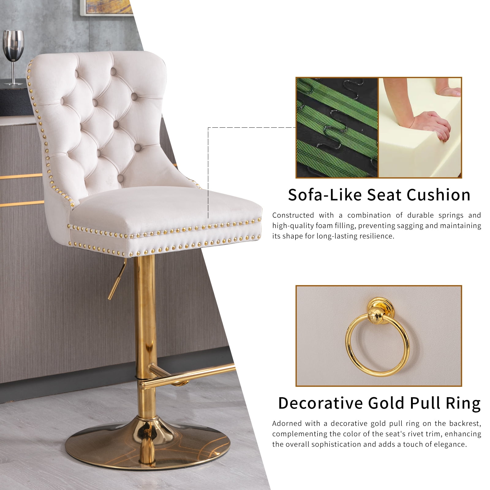 Beige Velvet Swivel Bar Stools Set of 4 with Upholstered Back, Adjustable Counter Height Barstools, Bar Chairs for Home Bar Kitchen Island Pub Restaurant (4 Pcs, Beige)