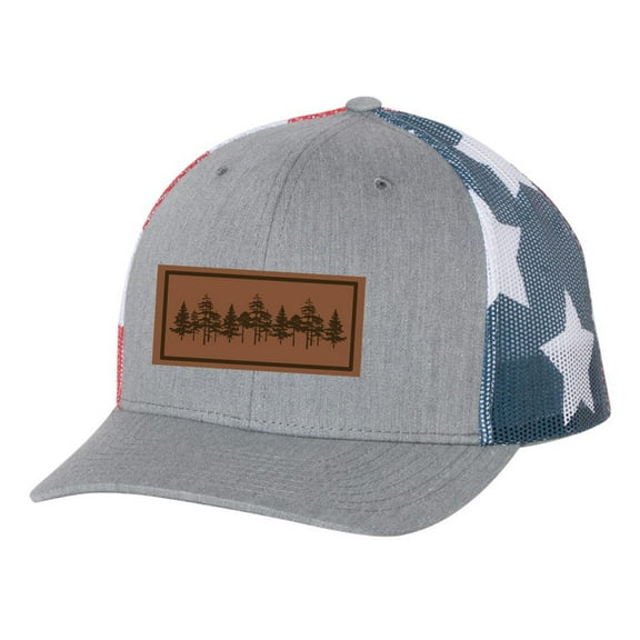 Tamarack Trees Forest Pine Woods Men's Laser Engraved Leather Patch Mesh Back Trucker Hat, Heather Grey/American Flag Mesh