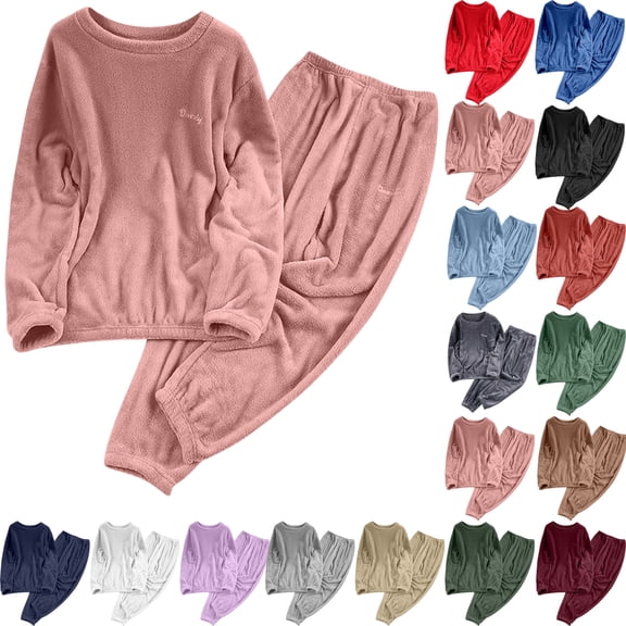 Pajama Set for Women Loose Solid And Winter Underwear Loungewar Thick And Velvet Warm Velvet Long Sleeves Top Pants Pajama Sets