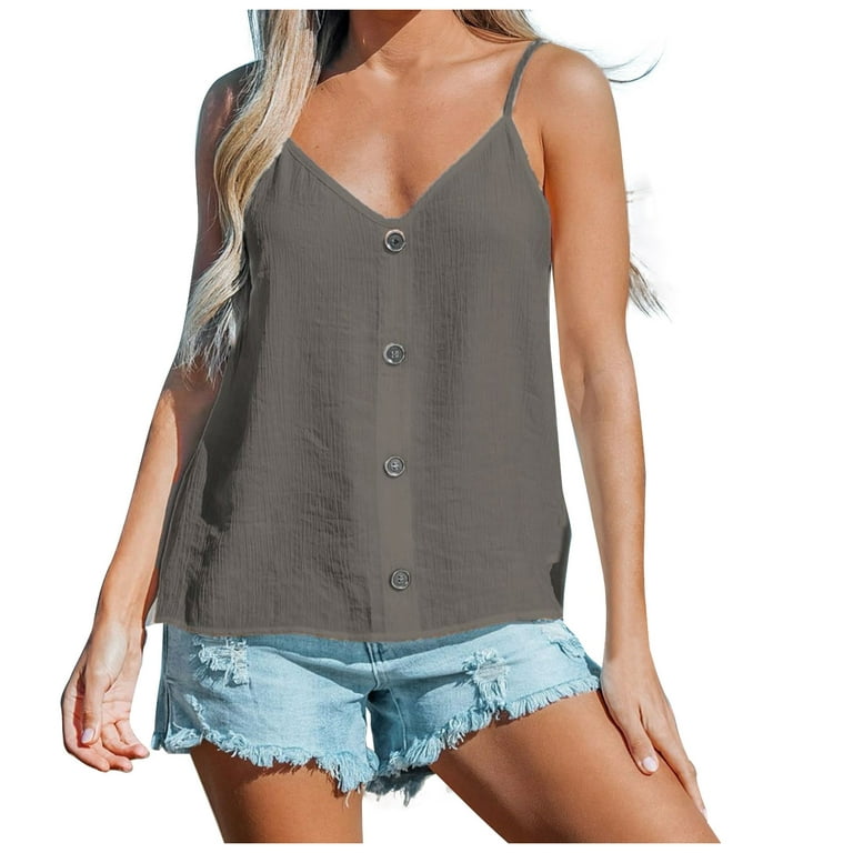Wycnly Summer Tank Tops Solid V-Neck Sleeveless T Shirts for Women Casual  Button Down Linen Plus Size Strap Vest Blouses Dark Gray m Clearance Under  $5 