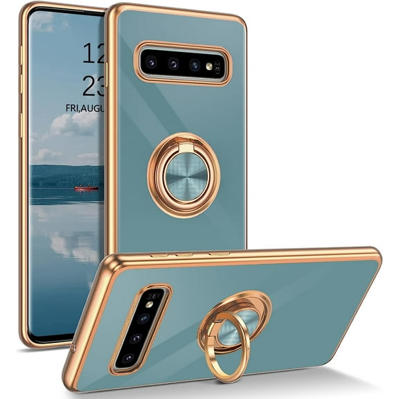 for Samsung Galaxy S10 Plus Case with Ring Holder Kickstand 360 Degree Rotation Magnetic Car Finger Slim Cover Shockproof Full Body Protective Phone Case for Samsung S10 Plus, Gray Green