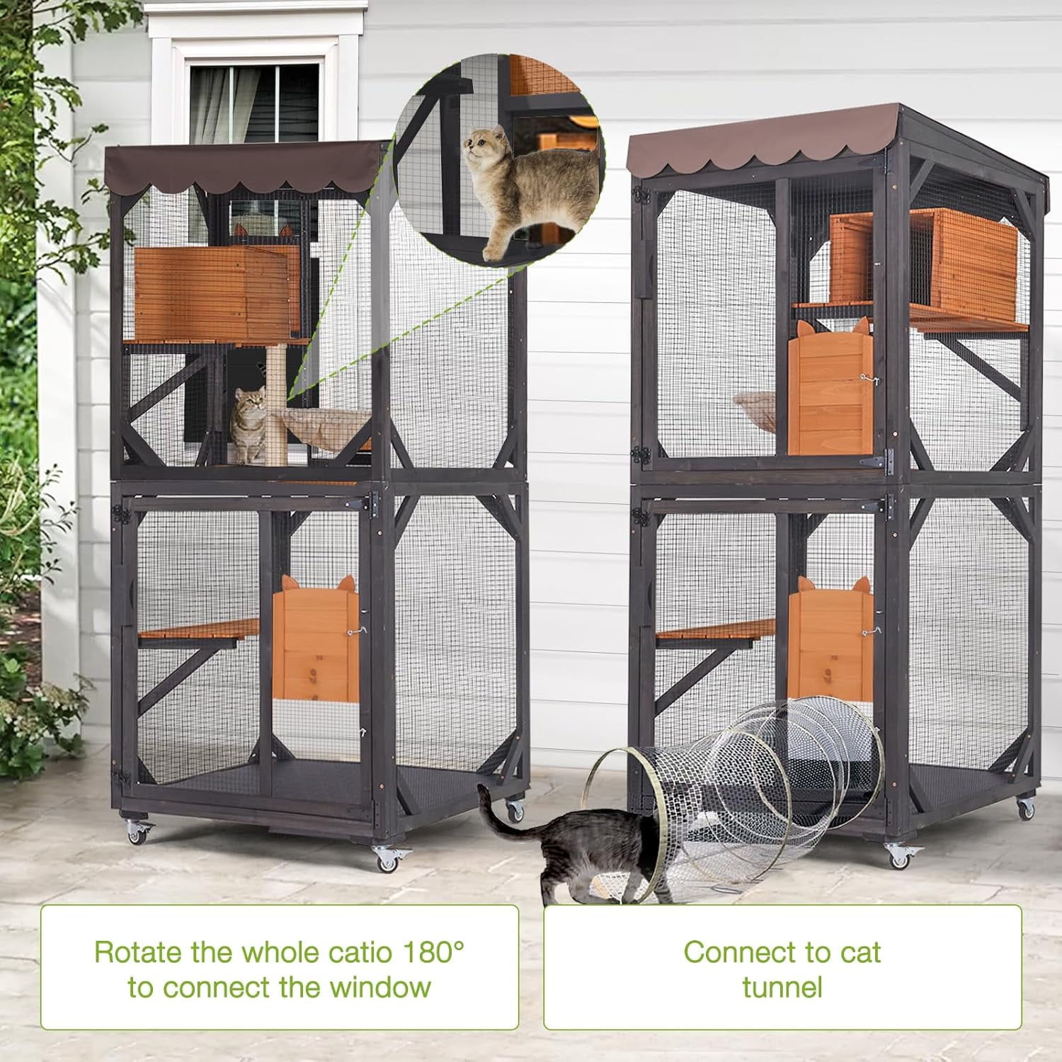 MEDEHOO Catio Outdoor Cat Enclosure Mobile Cat House Indoor On Wheels with Scratch Post,Hammock,Resting Box,Platform,Tarp Roof 71.9"