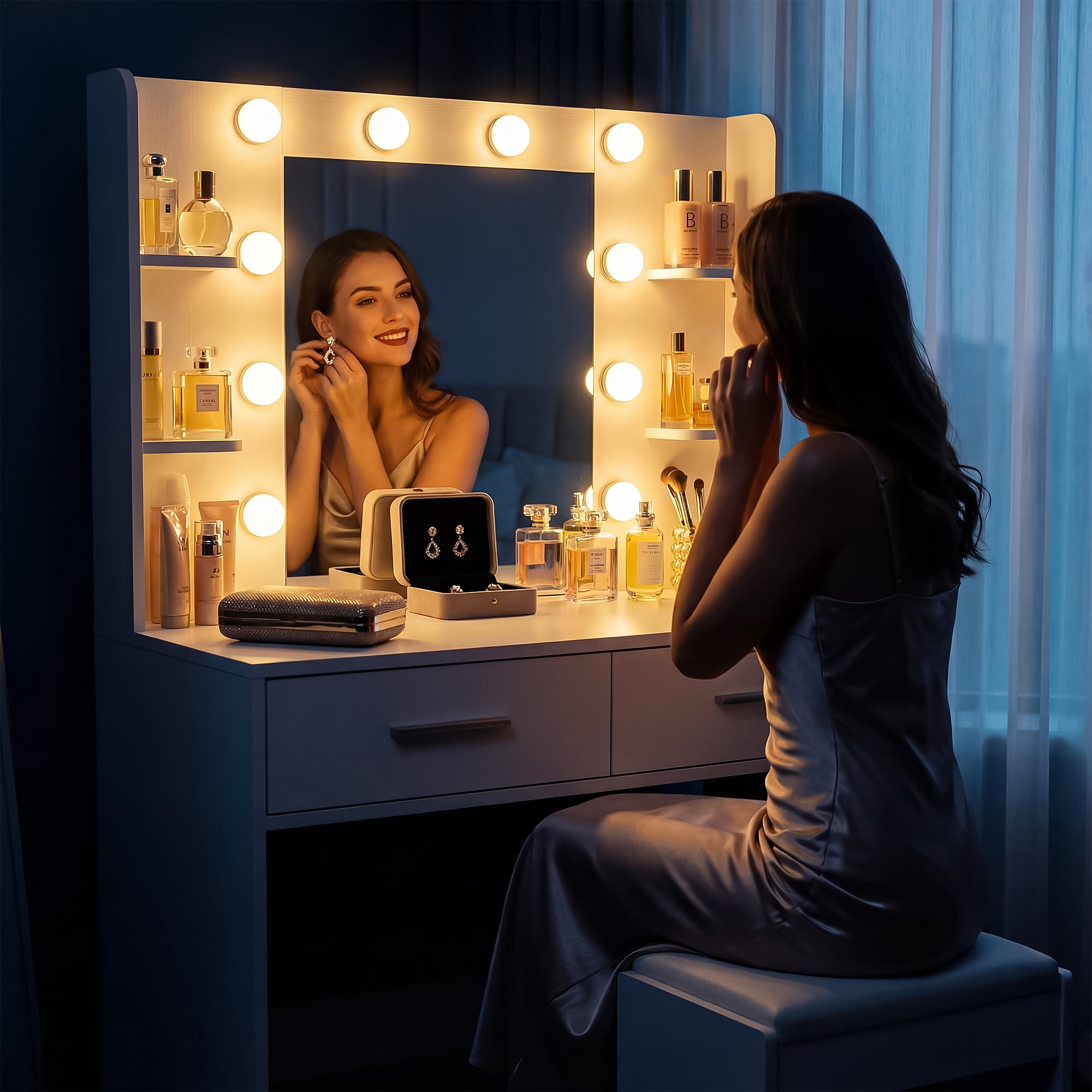 Homall Makeup Vanity Set with Mirror & Stool, Vanity Desk with LED Lights & Fast-Charging Outlet, Vanity Table for Bedroom Dressing Room, White