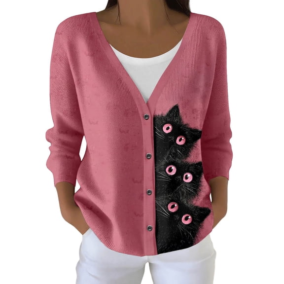 Luvior Women's Halloween Fun Black Cat Print Cardigan Sweater Autumn Cute Black Cat Print Casual Sweatshirt