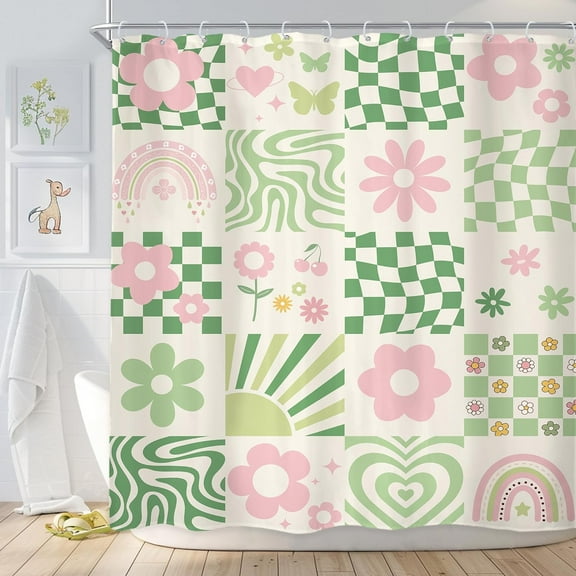 Retro Cute Green Pink Flower Shower Curtain 72Wx72H Inch Abstract 70s Danish Pastel Checkered Rainbow Groovy Shower Curtain Bathroom Set Girls Waterproof Bath Decoration Accessories Home Decor