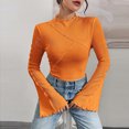 thumbnail image 5 of gbyLJF Women's Mock Neck Shirts Solid Color Long Sleeve Pullover Tops Casual Slim Fit Flare Sleeve Shirt Tops, 5 of 7