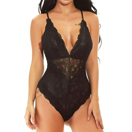 

SAYFUT Women V Neck Lace Bodysuit One Piece Babydoll Mini Teddy See-through Lingerie Black