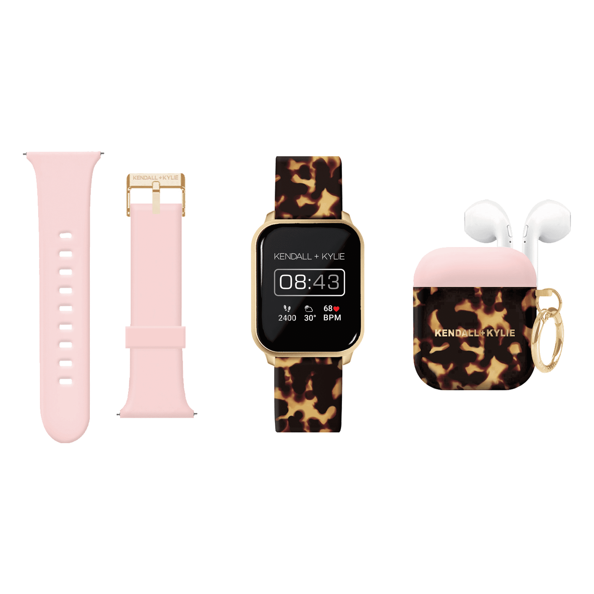 Kendall + Kylie Black/Gold Smart Watch with Interchangeable Strap, Earbud  Set and Keychain Case 