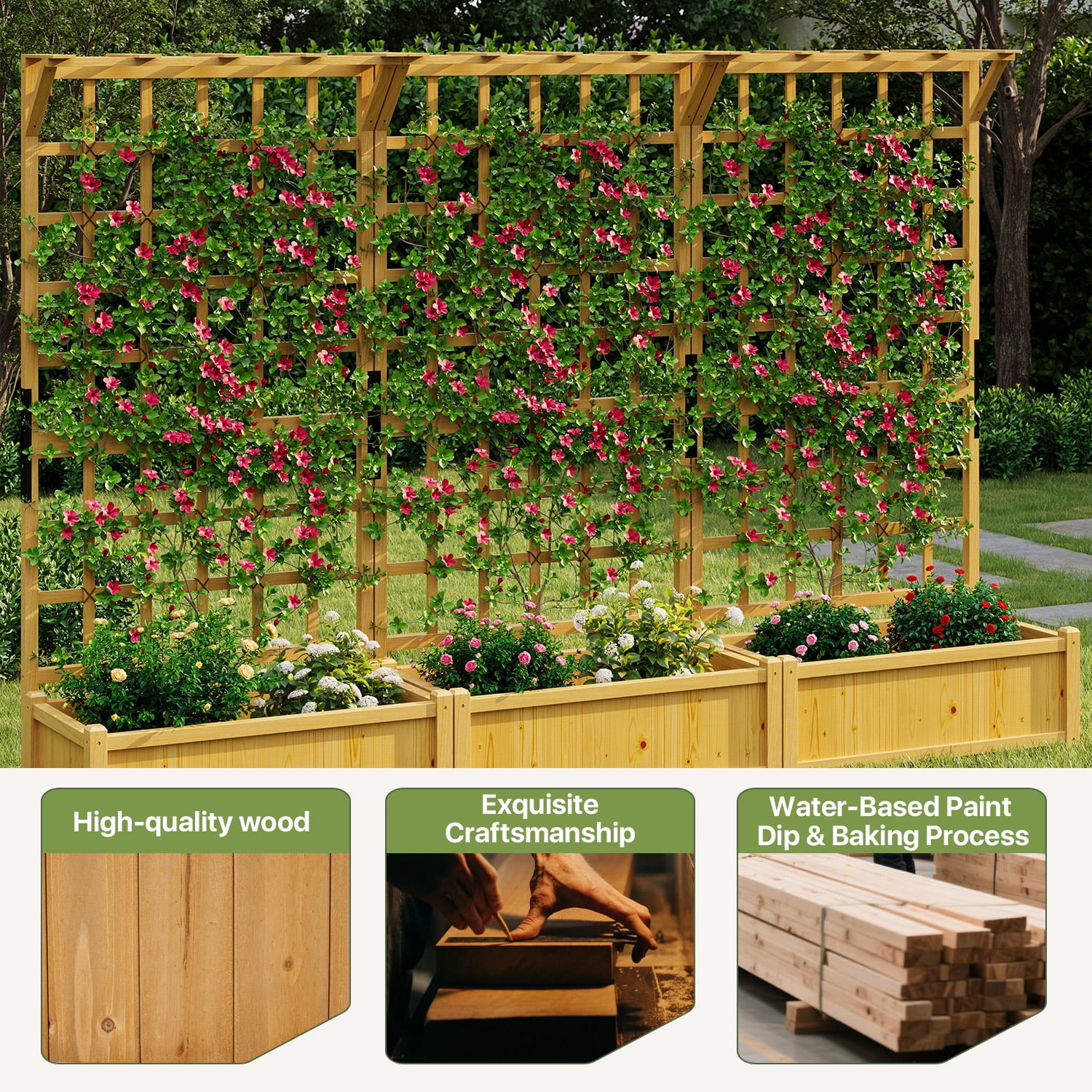 BaPiPro Yellow-Brown Tall Wood Planter Box with Trellis - 36" Raised Garden Bed with Hanging Roof, Outdoor Elevated Planter for Climbing Plants, Flowers - 3-Pack for Patio, Balcony