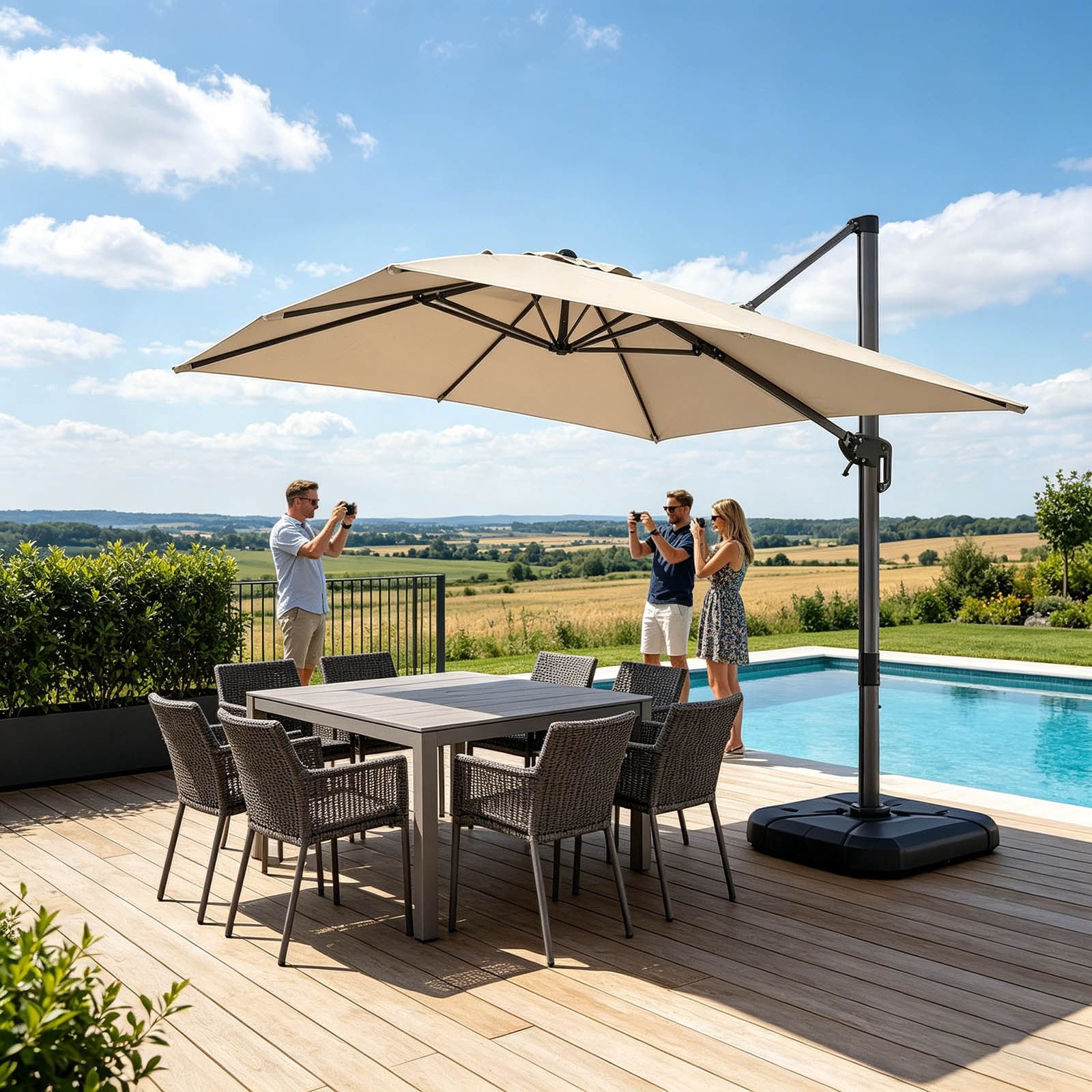 6.5X10 Ft Cantilever Patio Umbrella Outdoor With Base- Large Offset Heavy-Duty Aluminum Umbrella With 360° Rotation, 6 Tilts, Windproof, 3-Year Fade Resistance For Pool Deck, Square, Beige