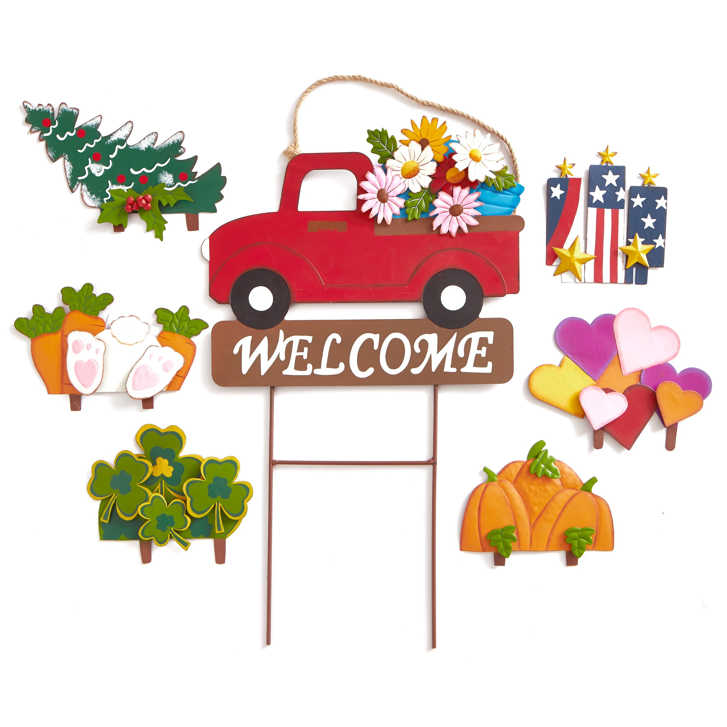 Winder Red Truck Decor Home Welcome Sign 2-Side Wood Block Seasonal Cutout Set Tabletop with Interchangeable 16-PC Icons for Spring 4th of July Halloween Christmas for Farmhouse Fireplace Mantel Decor