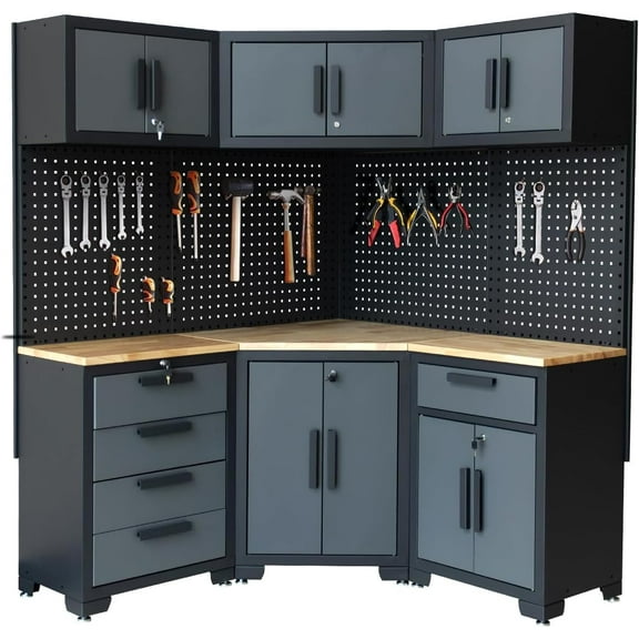 HPDMC Garage Storage Cabinet System 8-Pcs Garage Cabinets and Storage System Corner Workshop Set with Corner Cabinet, Cabinet Drawers, Workbench, Pegboard for Tool Organization, Black and Grey