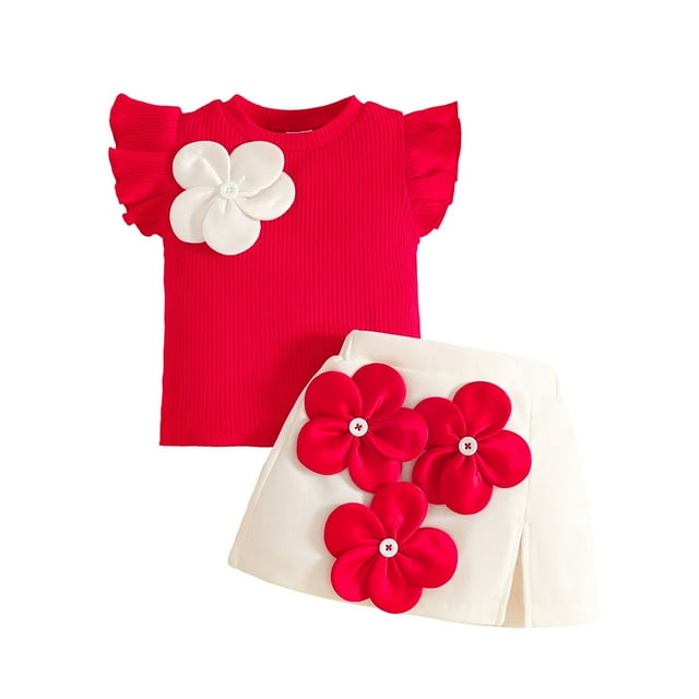 Rhuody Ensembles Fille Col Rond Été Manches Volantées T-Shirt Côtelé Hauts Jupe Florale Tendance Tenue d'Été Rouge 9-12 Mois