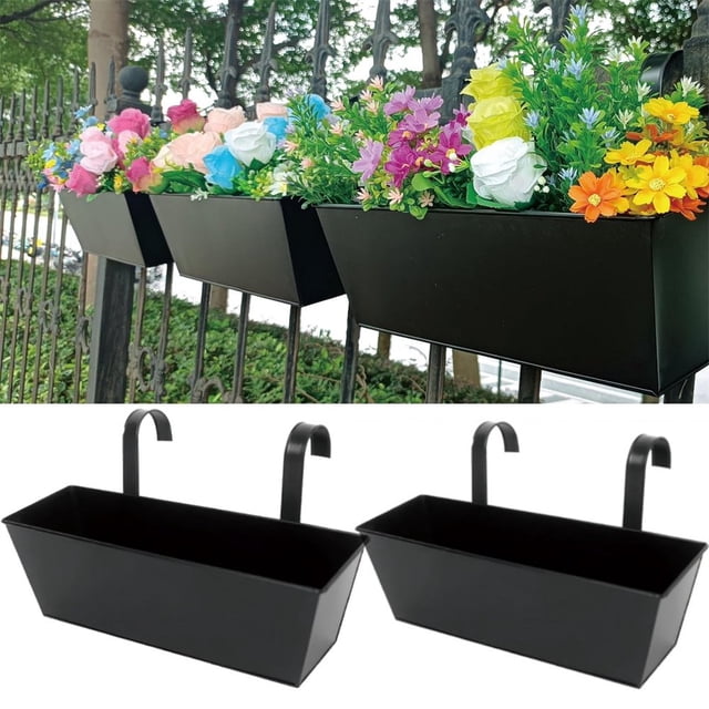 HLONK 4 Pack Rectangular Fence Planter Box Large Metal Hanging Flower Pots Outdoor Railing Buckets with Detachable Hooks Countryside Style Window Boxes for Balcony Garden - White - By