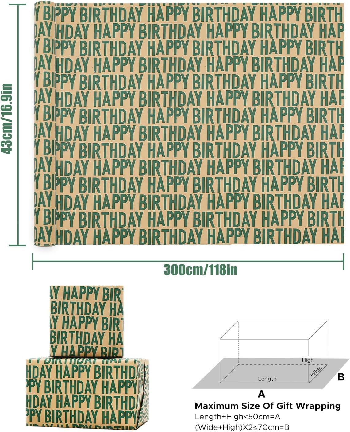 Green Birthday Wrapping Paper, Minimal Emerald Greens Large Happy Birthday Repeating Script Wrapping Paper - 1 Mini Roll 17Inch x10 ft Per Roll - Green Kraft Gift Wrap for Birthdays Party
