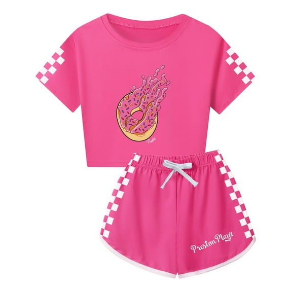 Girls PrestonPlayz Set – Summer Crop Tee and Shorts with Flame Logo and Checkered Details Kids Gaming Outfit
