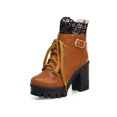 

Avamo Womens Anti Slip Chunky Heeled Boot Block Platform Boots Wedding Comfortable Tie Up Shoes Brown 8