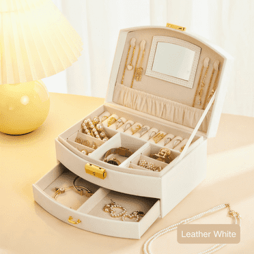 FTCBJJA Pull Type Jewelry Box with Mirror, Multi-Functional Jewelry Organizer, Portable Case for Travel, Essential for Home, Ring Bracelet Display Holder (White)