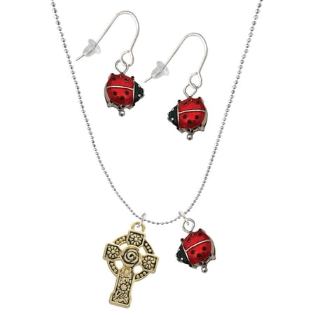 Delight Jewelry Goldtone Large Celtic Cross Red Lucky Ladybug Necklace and Dangle Earrings Set