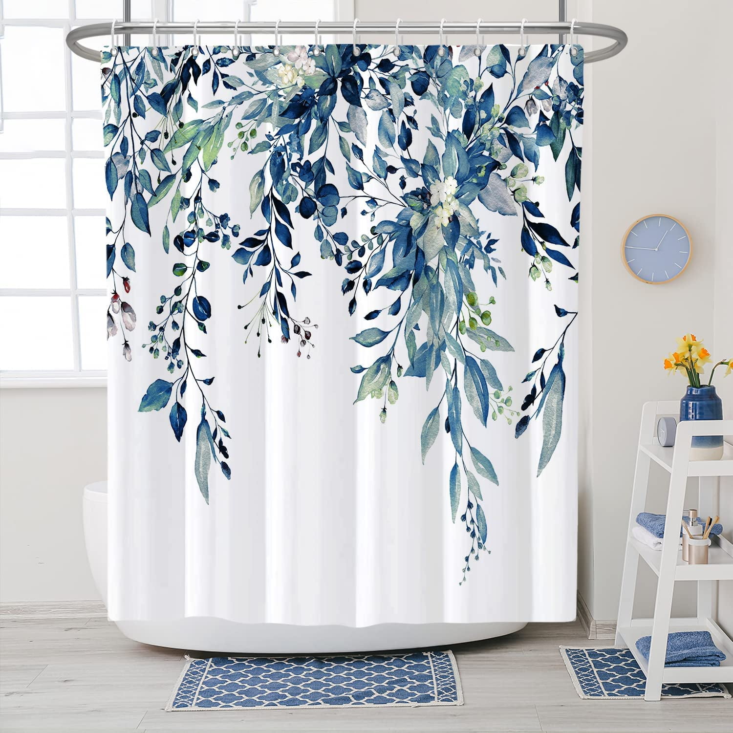Blue Shower Curtain, Floral Eucalyptus Shower Curtain, Watercolor