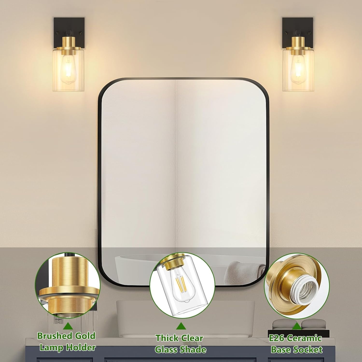 Black and Gold Wall Sconces Set of 2 with Clear Glass Shade, Matte Black Vanity Light Fixtures, Farmhouse Wall Lights for Bathroom, Bedside, Mirror, Living Room, Hallway