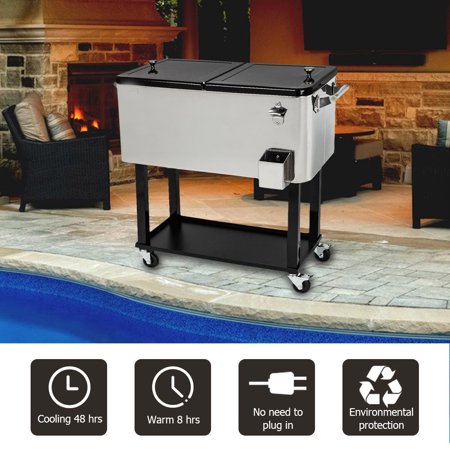 Outdoor Ice Chest Cart Ktaxon 80QT Trolley Frozen Warm Function Spray Cooler Cart Ice Beer Beverage Chest with Shelf Wheel ()