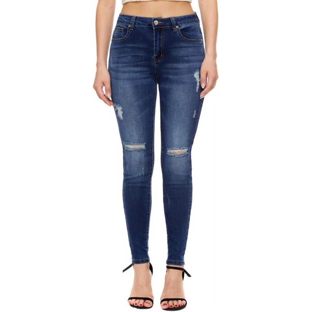 Pantalones de mezclilla cómodos desgastados ajustados suaves elásticos de cintura alta para mujer 140-azul 0