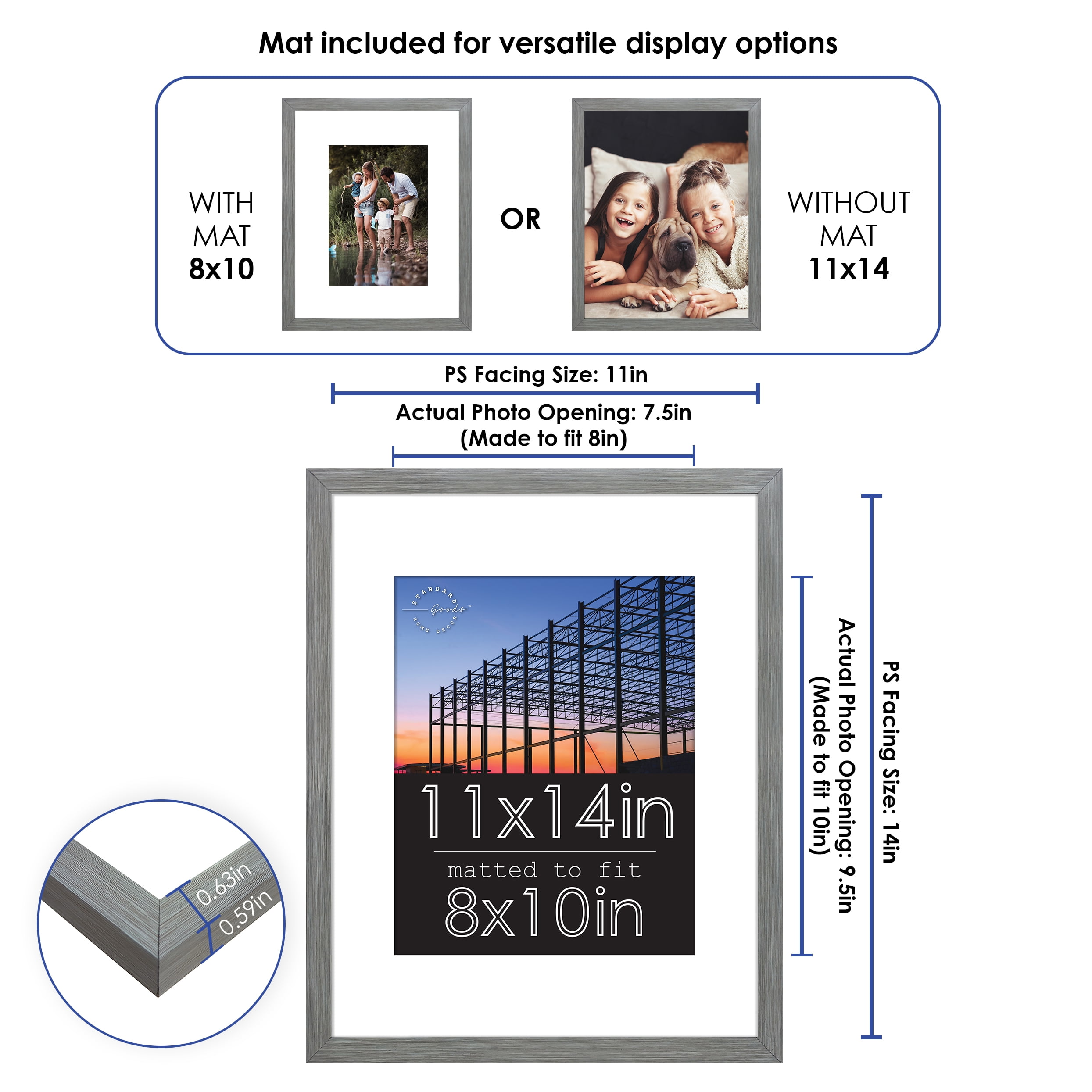 Standard Goods Home Décor 11x14 Matted to 8x10 Grey Linear Picture Frame, 5-Pack for Wall Display.