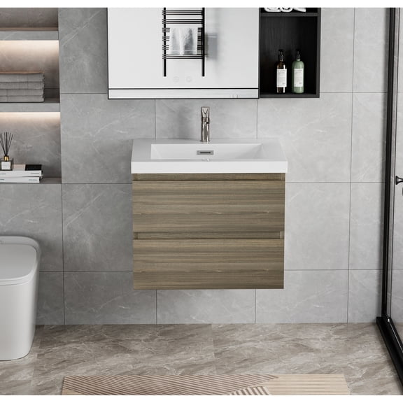 Floating Bathroom Vanity Sink 30", Wall Mounted Storage Locker, Resin Basin Countertop, Lightly Shut Drawers, Ash Grey Centerpiece 30" Vanity, Box Unit, Counter Basin, Smoothly Disposition