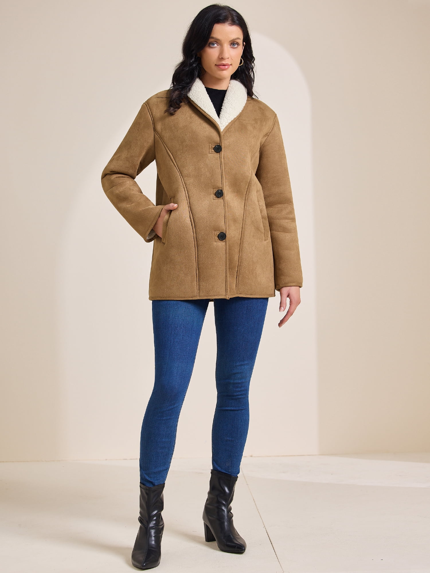 DARING DIVA Women's Suede Button Down Lapel Fleece Jacket With Pockets M Brown