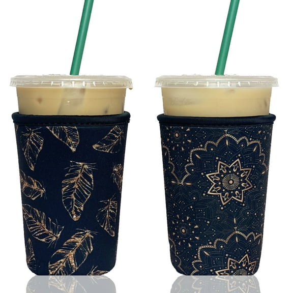Baxendale and Co 2-Pack Medium (22-24oz) Reusable Neoprene Insulator Sleeve for Iced Coffee or Cold Beverage Cups (Gold and Black Mix)