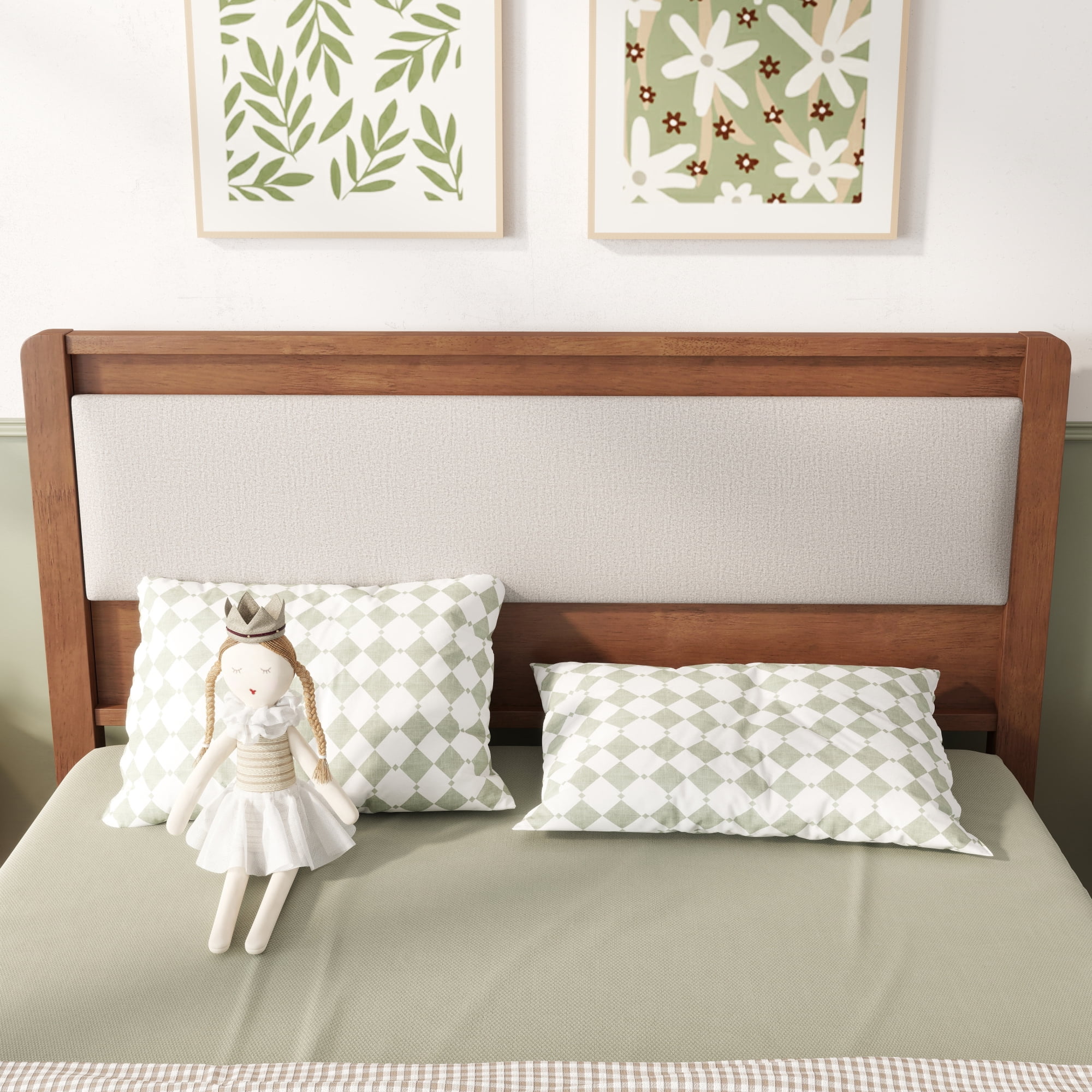 HOQBN Full Solid Rubberwood Bed Frame with Upholstered Headboard, Reinforced Central Support Legs for Bedroom Brown