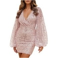 thumbnail image 3 of qolati Sequin Glitter Prom Dresses for Women 2023 Sexy Deep V Neck Ruched Bodycon Mini Dress Elegant Puffy Long Sleeve Cocktail Party Dress, 3 of 7
