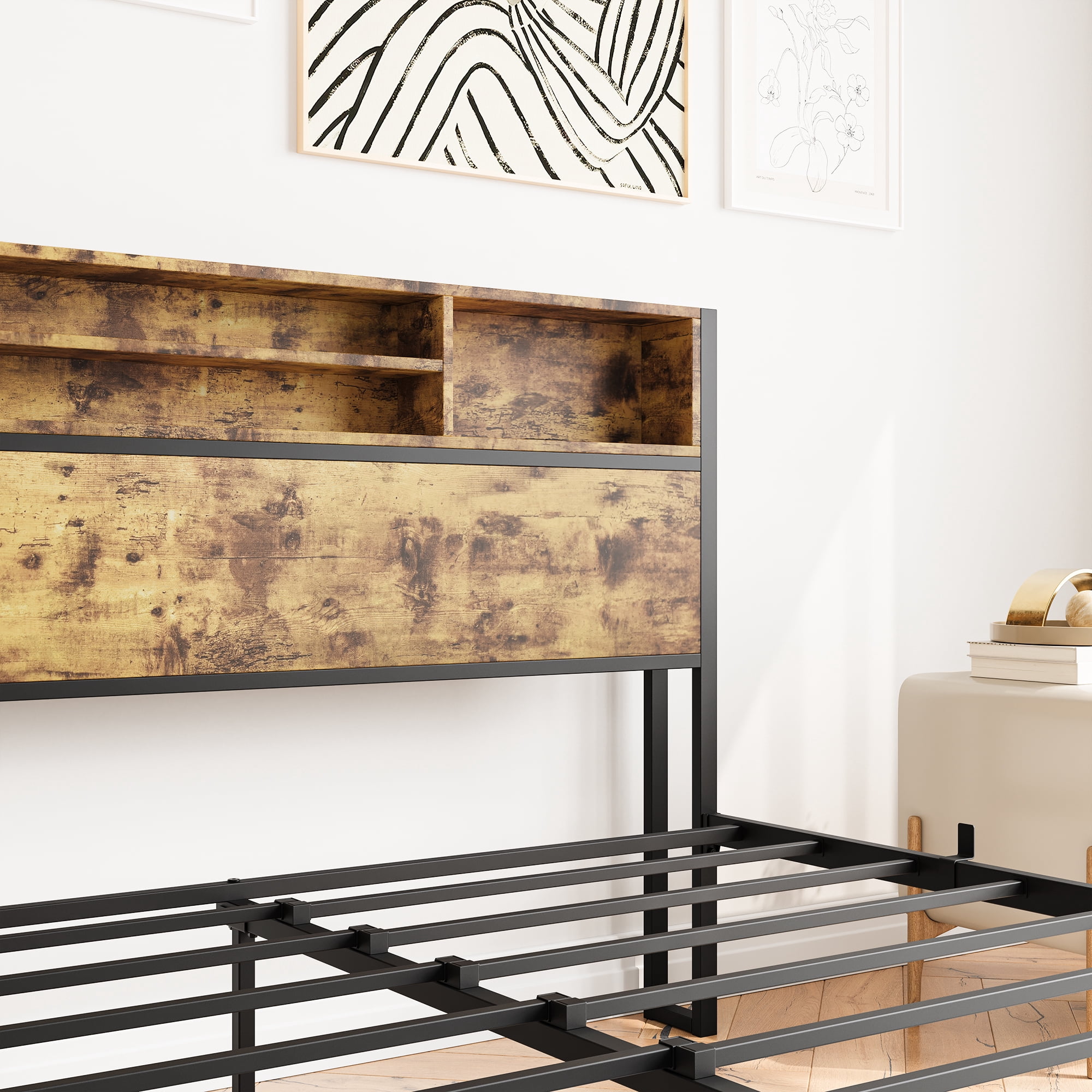 Miniyam Wood Queen Size Platform Bed with Storage Headboard & Charging Station for Adult,Brown