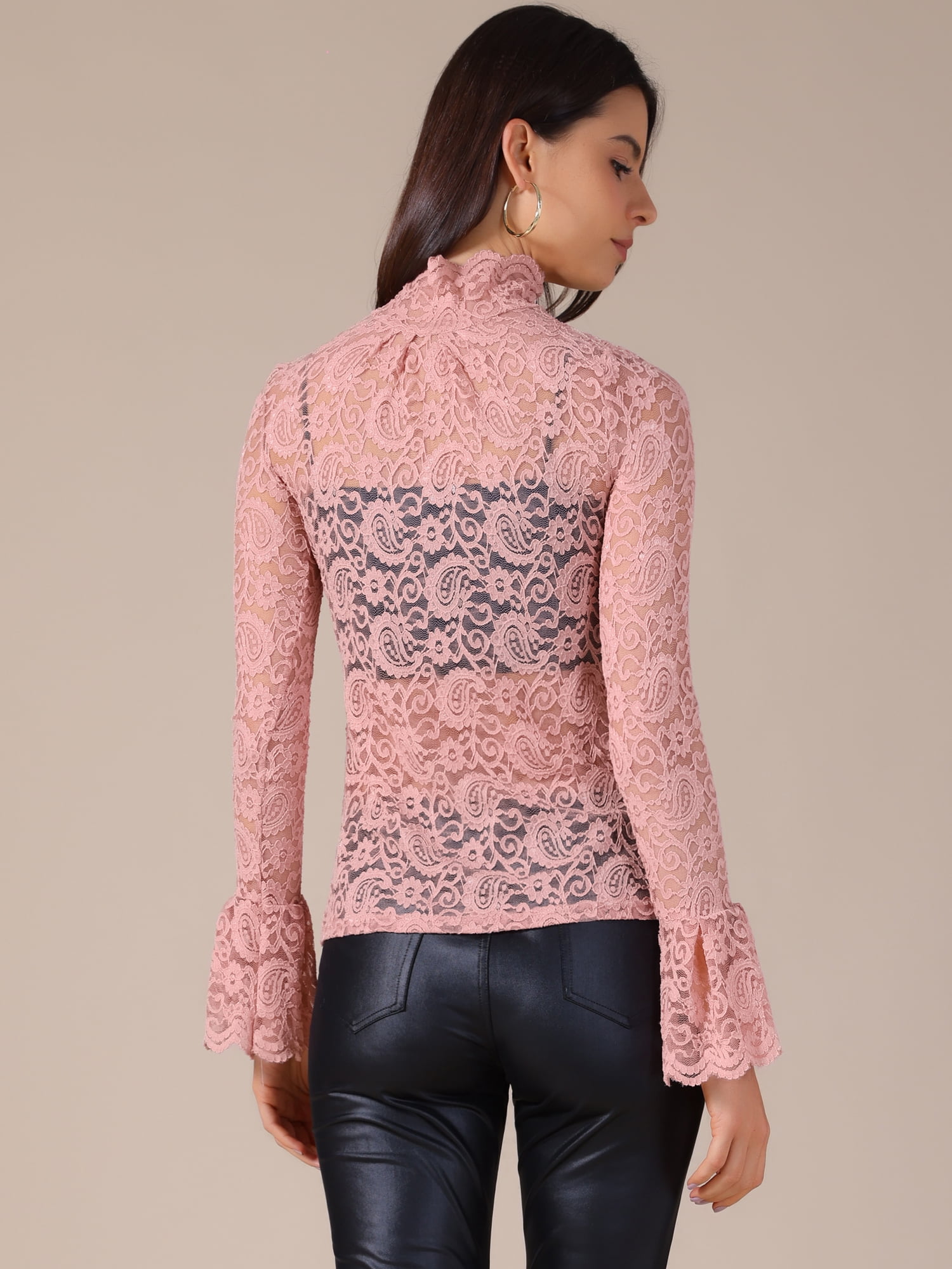 DARING DIVA Women's Lace High Neck Bell Long Sleeve Sheer Mesh Blouses XS Pink