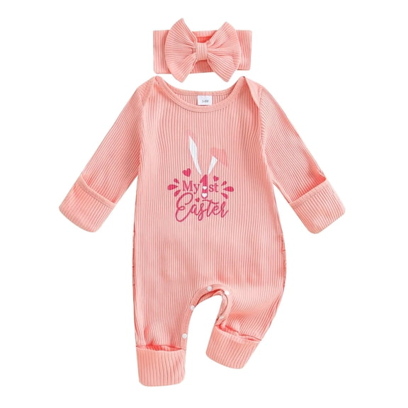 Ruyang My First Easter Baby Girl Outfit Bunny Long Sleeve Romper Jumpsuit Onesie Easter New Born Girl Knitted Cotton Outfits Clothes