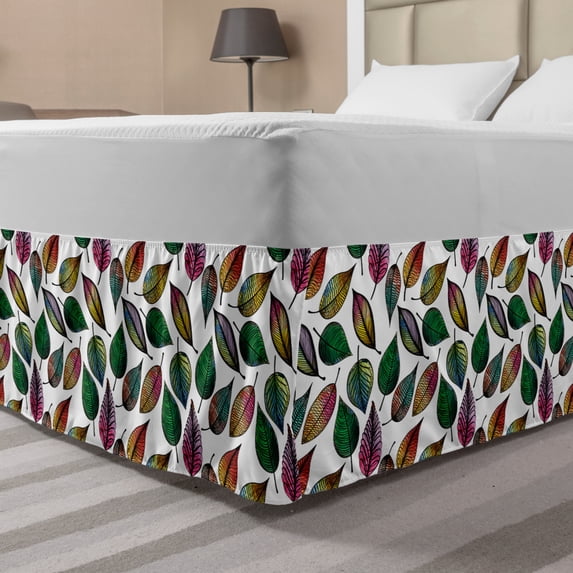 Leaves Bed Skirt, Colorful Abstract Style Leaf Designs Repetitive Pattern on Plain Backdrop, Elastic Bedskirt Dust Ruffle Wrap Around for Bedding Decor, 4 Sizes, Multicolor, by Ambesonne