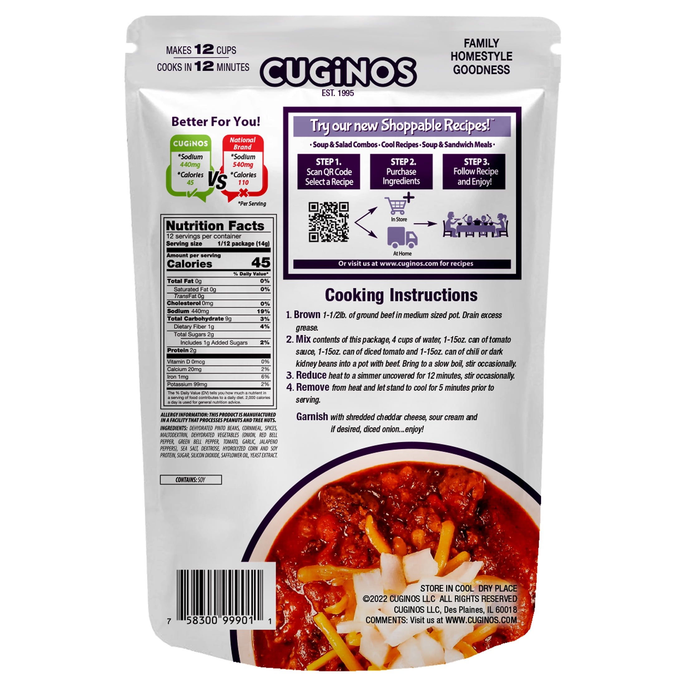 Cugino's Quick Meal Hearty Chili Fixin's Dried Mix, 6.8oz Family Size Pouch, Makes 12 Hearty Cups