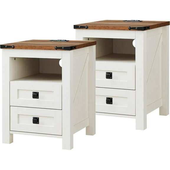 OKD Farmhouse Nightstand Set of 2 with Charging Station, 2-Drawer End Table, Antique White