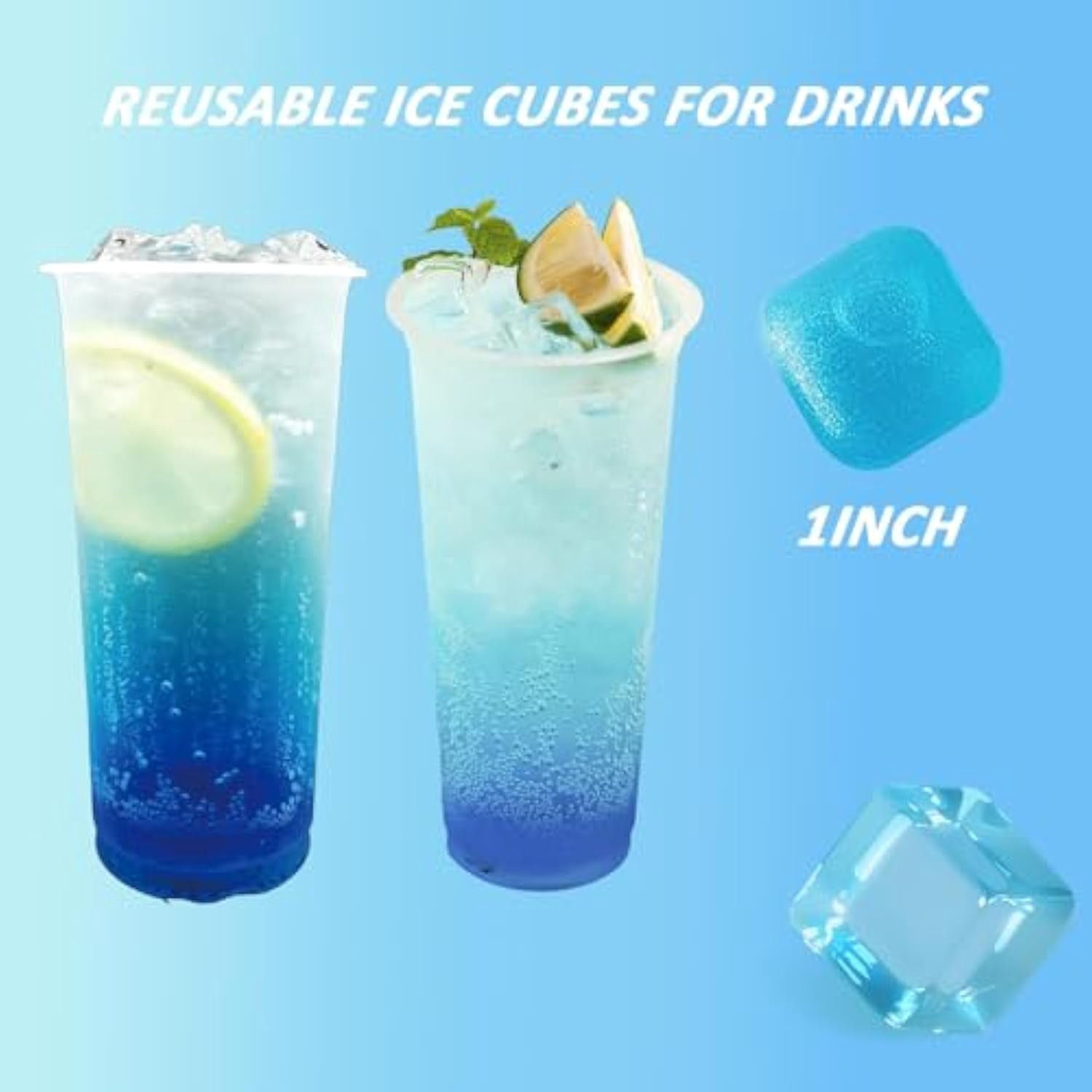24 Pack Zero Ice Cubes, Zero Ice Reusable Cubes, Washable Non-Melting Ice Cubes Non-Diluting, for Coffee, Wine, Whiskey, Cocktails (Blue and white squares)