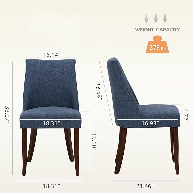 EOP Upholstered Dining Chairs Set of 2, Mid Century Modern Fabric Side Chairs with Solid Wood Legs, Comfortable Kitchen & Dining Room Chairs for Home, Restaurant Use, Blue