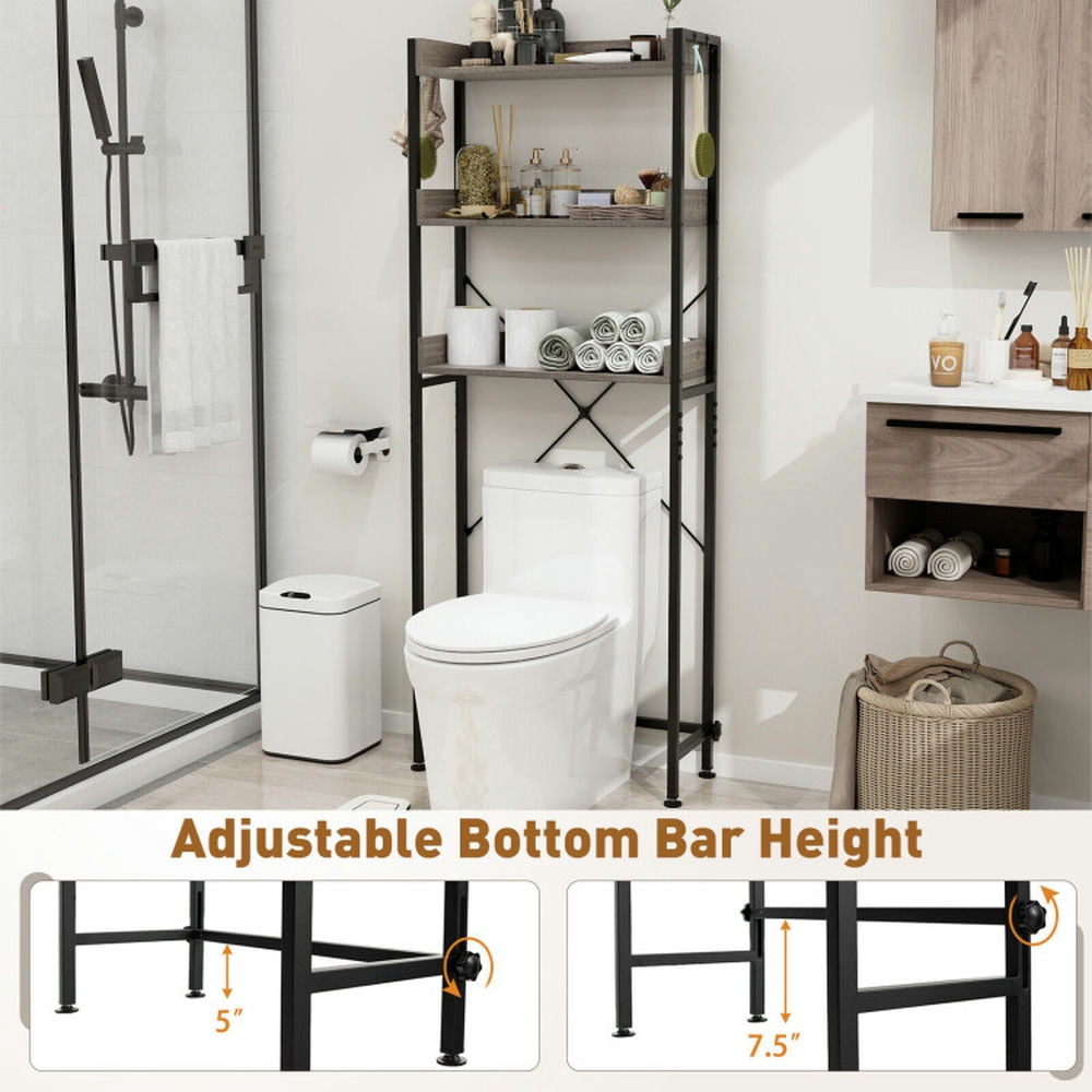 Finihen Toilet Storage Rack, Toilet Storage Shelf, Over The Toilet Storage Rack with Hooks and Adjustable Bottom Bar, for Bathroom, Gray