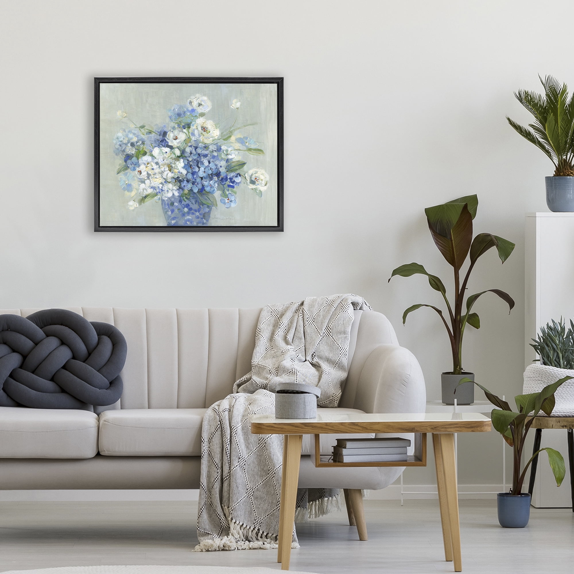 Stupell Industries Serene Blue And White Bouquet Black Framed Floater Canvas Wall Art, design by Sally Swatland